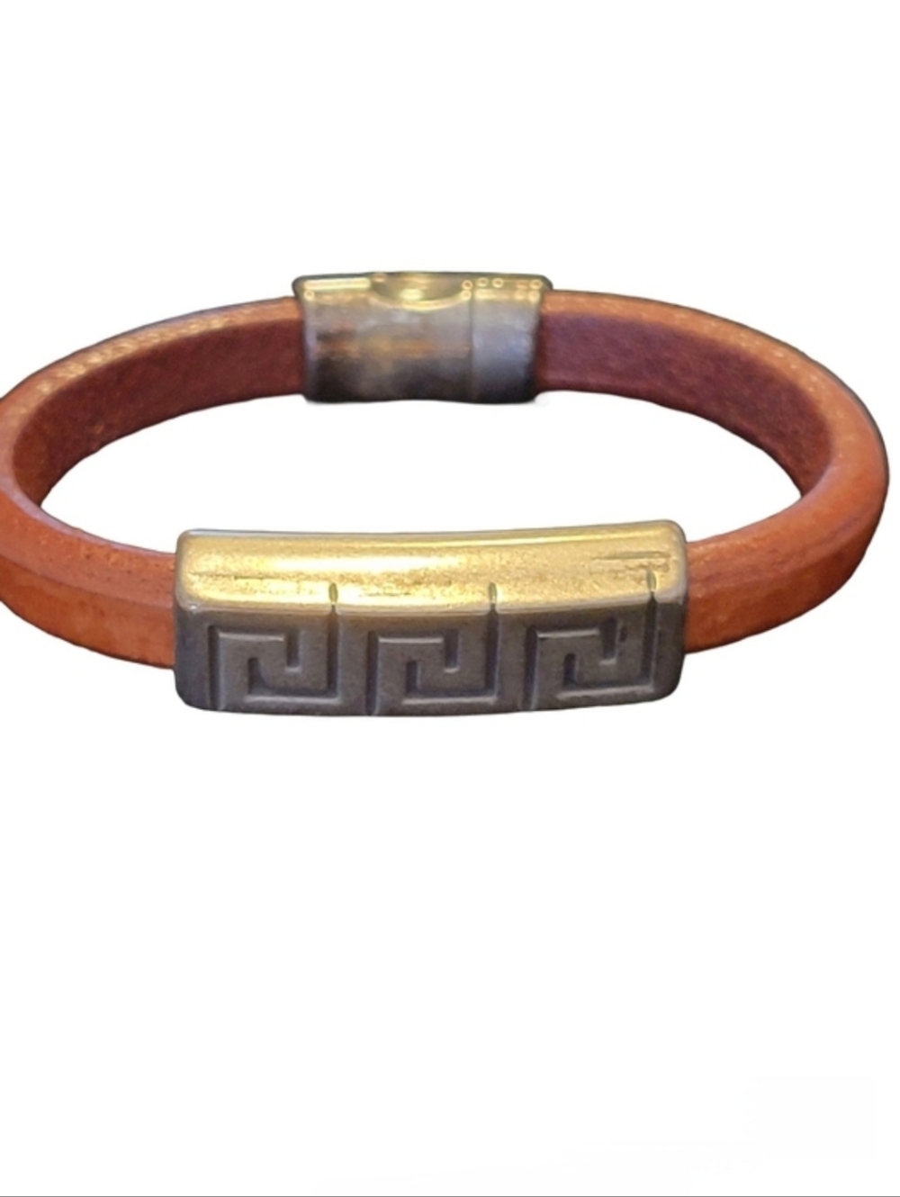 Brown Leather Greek Key Meander Magnetic Closure Cuff Bracelet OS